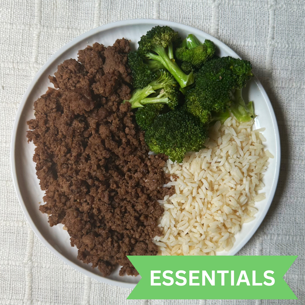 ESSENTIALS: Local Ground Beef, White Rice and Roasted Broccoli