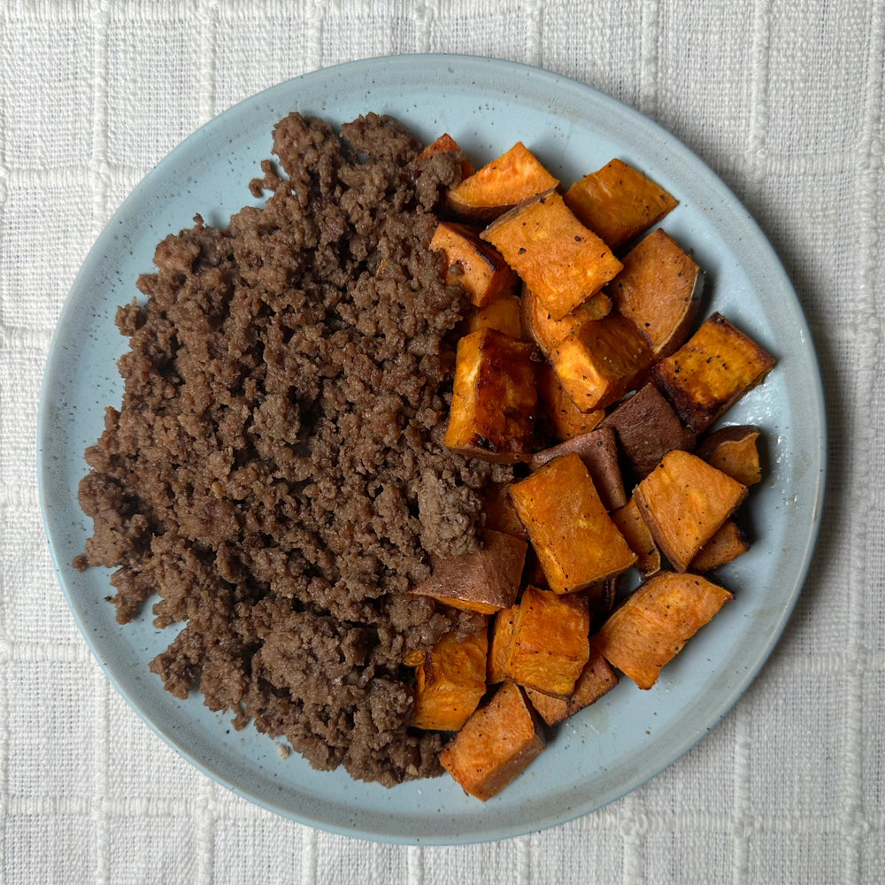 ESSENTIALS: Local Ground Beef and Roasted Sweet Potatoes
