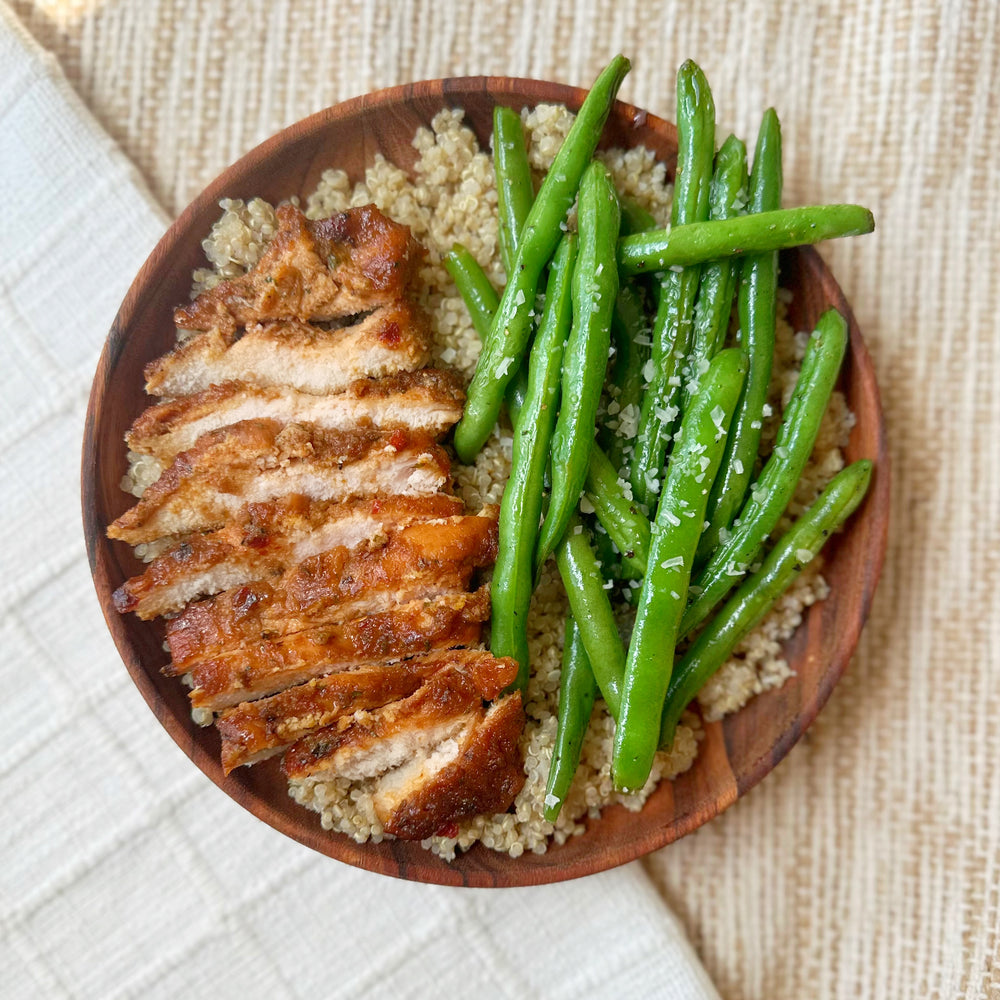 Balsamic Chicken With Quinoa And Parmesan Roasted Green Beans (GF) (Low Carb Option Available)