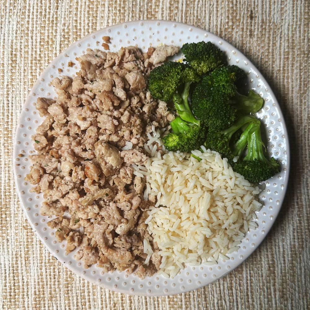 ESSENTIALS: Local Ground Turkey, White Rice and Roasted Broccoli
